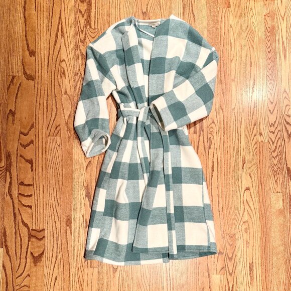 LOFT Plaid Belted Wrap Jacket M/L Green Ivory Buffalo Check Wool Blend - Picture 4 of 4